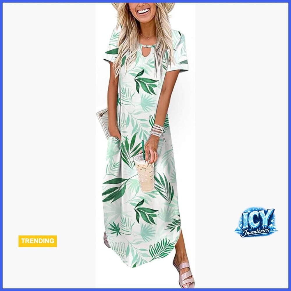 Maxi Summer Dress with Pockets Casual Short Sleeve Sundress Curve Hem